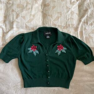 Collectif Forest Green Embroidered Holly Cropped Cardigan